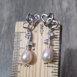 Sterling Silver Pearl heart earrings with cz accen